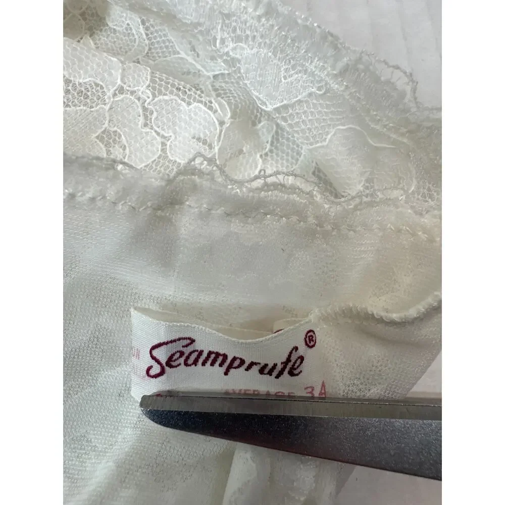 Vintage Seamprufe Womens Slip Dress Short White Satin Lace Victorian 60s Size 34